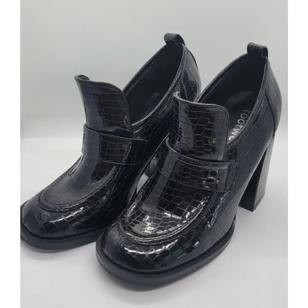 Koi Footwear Black Vegan Chunky Heel Slip-On Shoes UK 4 Snake Print Square Toe🖤